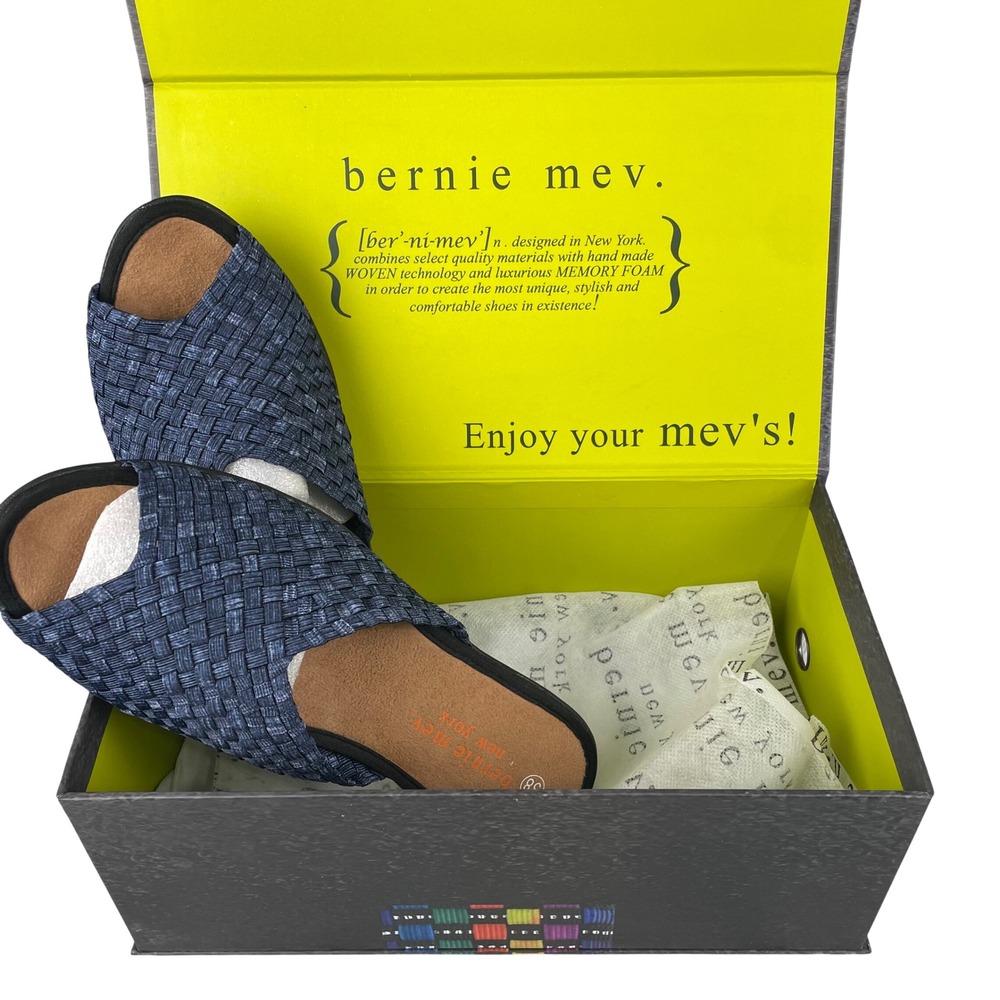 Bernie Mev New York Woven Elastic Slide Sandals Blue Denim Memory Foam Size 38